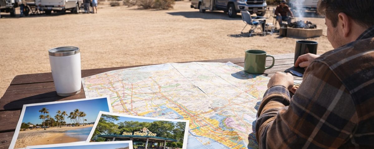 Campers at Stagecoach Trails Campground & RV Park planning winter day trips to San Diego and nearby attractions