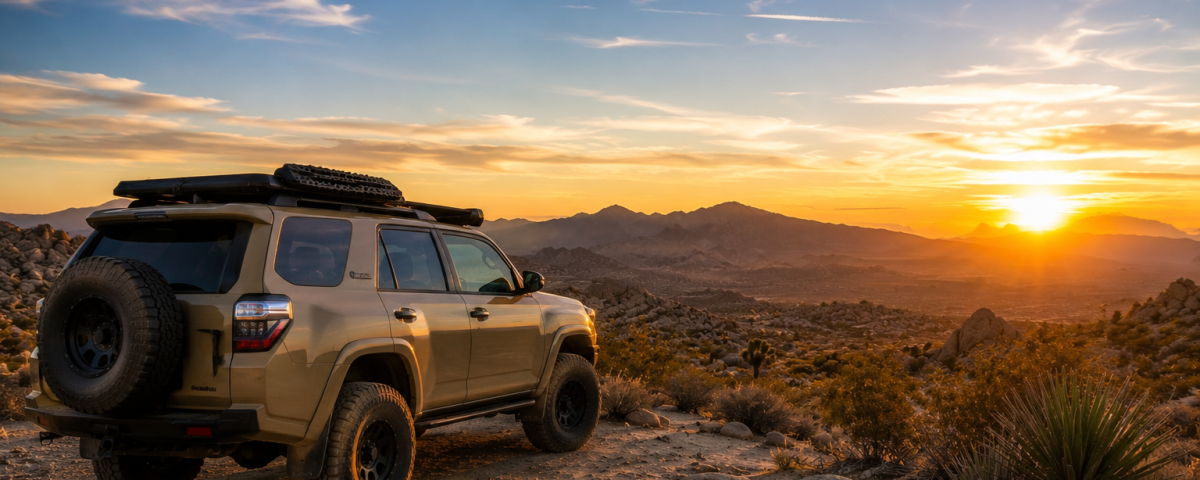 Overlanding vehicle in the Southern California desert during winter near Stagecoach Trails Campground