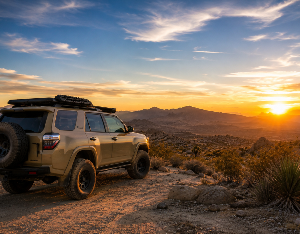 Overlanding vehicle in the Southern California desert during winter near Stagecoach Trails Campground