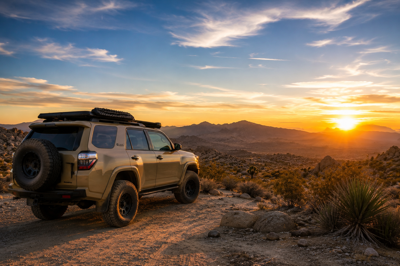 Overlanding vehicle in the Southern California desert during winter near Stagecoach Trails Campground