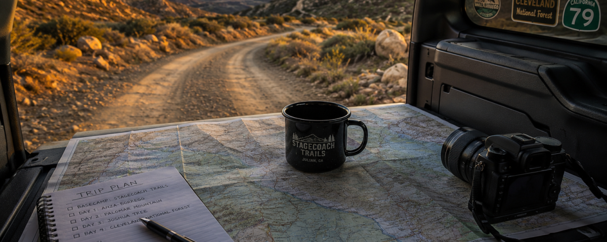 Overlanding trip planning with maps and travel notes overlooking the Southern California desert near Stagecoach Trails Campground