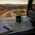 Overlanding trip planning with maps and travel notes overlooking the Southern California desert near Stagecoach Trails Campground