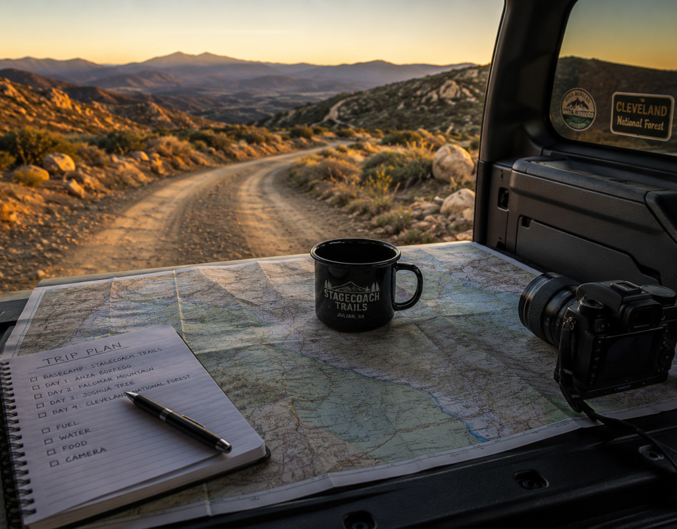 Overlanding trip planning with maps and travel notes overlooking the Southern California desert near Stagecoach Trails Campground