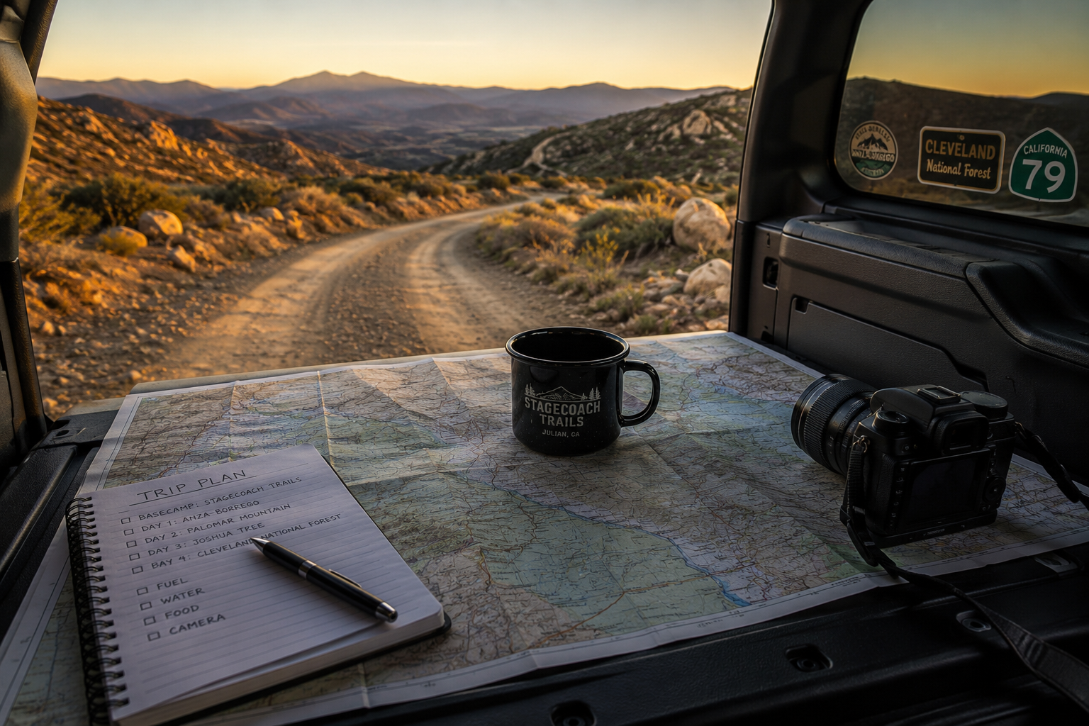 Overlanding trip planning with maps and travel notes overlooking the Southern California desert near Stagecoach Trails Campground