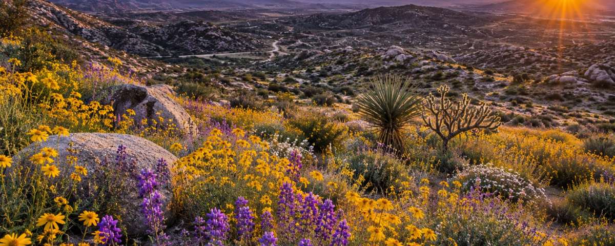 Spring wildflowers along a scenic desert road near Stagecoach Trails Campground