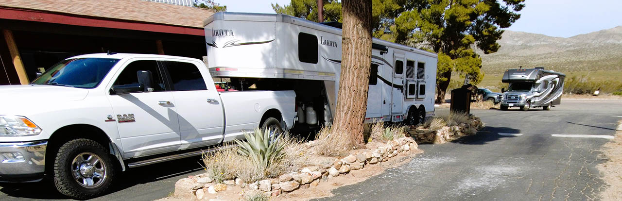 Horse Camping Facilities at Stagecoach Trails Campground.JPG Horse trailer and RV parked at a horse camping site at Stagecoach Trails Campground